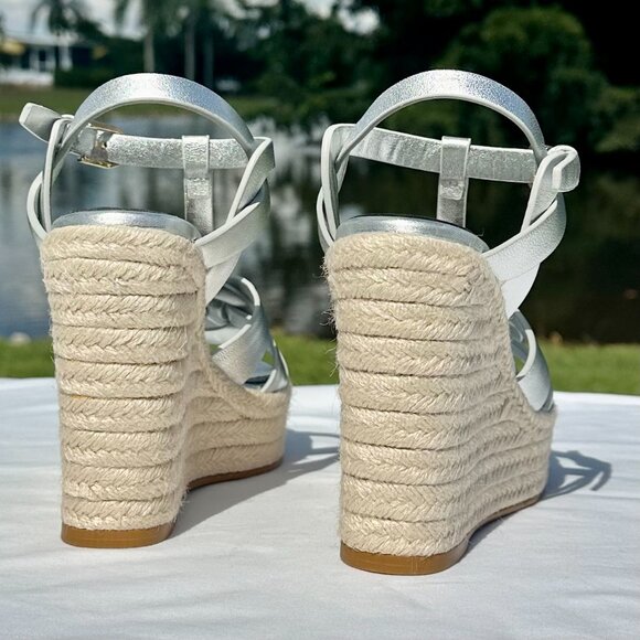 NEW Saint Laurent Tribute Espadrille Wedge Sandals YSL Metallic Silver Italy 36 - Picture 6 of 16